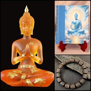 Spiritual Gift Set ~ BUDDHA STATUE Buddha Book Mala Prayer Bracelet Orange Resin